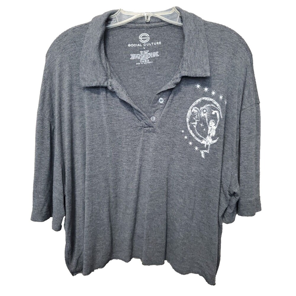 Social Culture Juniors Cropped Polo Raw Hem Skeleton Moon Graphic Size Large